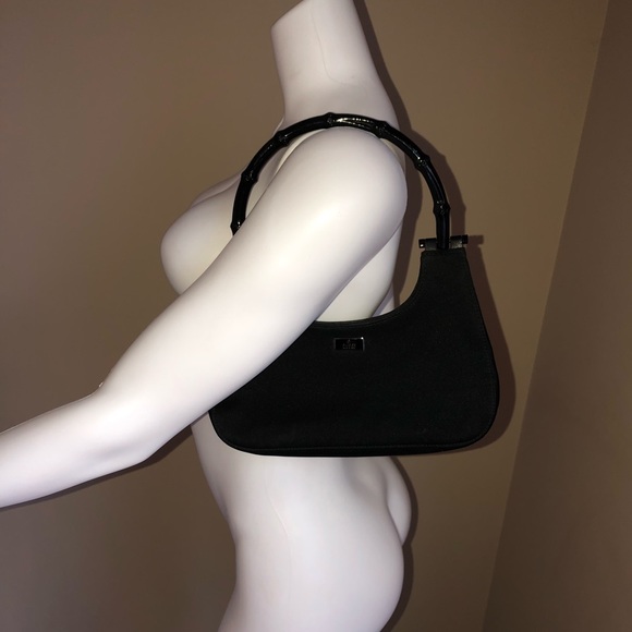 Gucci Black Satin Bamboo Handle Hobo Bag Black Gucci Purse Mini Satin Hobo Purse - Picture 7 of 10